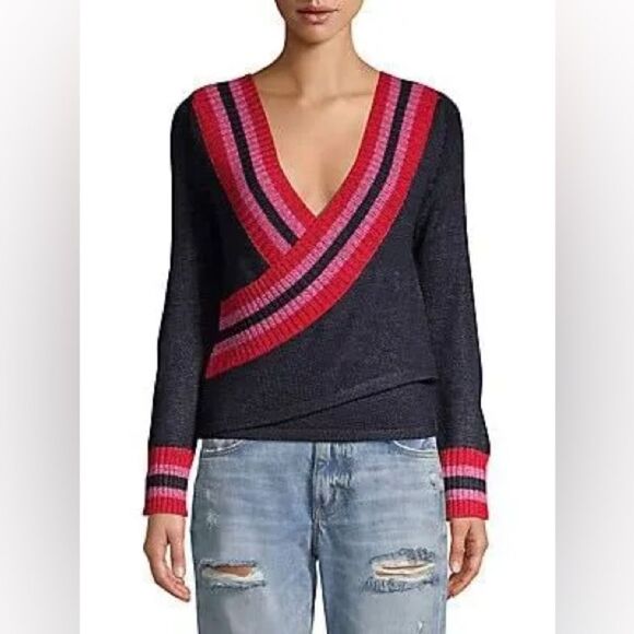 C/MEO Collective Faux Wrap Pink Red Navy Knit V Neck Sweater Size XS - Picture 3 of 8